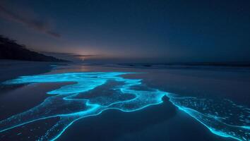 Glowing Bioluminescent Waves Splashing on Sandy Beach at Dusk Under Stars photo