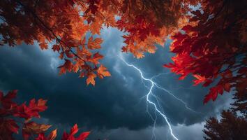 Lightning Strikes Behind Orange Autumn Leaves Creating Dramatic Weather Scene photo