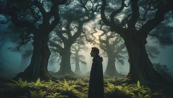 Person Walking Among Ancient Trees in a Misty Forest photo