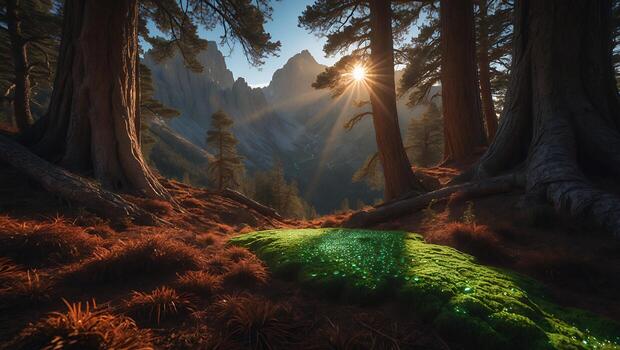 Sunburst Through Forest Trees with Mossy Patch and Mountain View photo