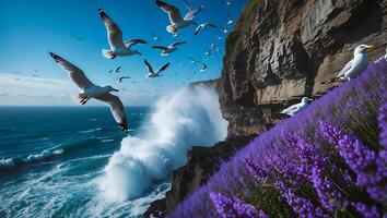Seagulls Fly Over Crashing Waves and Coastal Lavender Field Scene photo