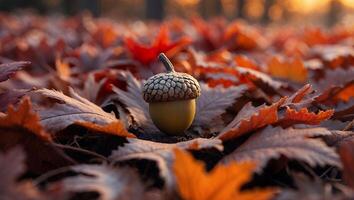 Acorn Standing Tall Among Colorful Autumn Leaves on Forest Floor photo