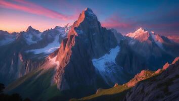Majestic Mountains at Sunset Snow Capped Peaks with Pink Sky photo