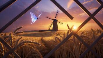 Butterfly Flying Near Windmill Over Wheat Field During Sunrise photo
