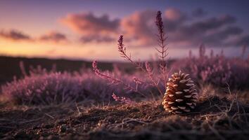 Pinecone and Lavender Field at Sunset with Colorful Sky photo