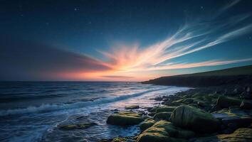 Coastal Sunset View Waves Crashing Onto Rocky Shoreline Under Starry Sky photo