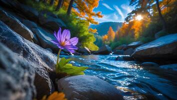 Purple Flower Growing by River with Autumn Trees and Sunlight photo