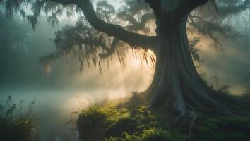 Old Tree with Spanish Moss in Misty Swamp at Sunrise photo