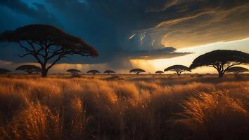 African Savannah Landscape with Umbrella Trees and Approaching Storm photo
