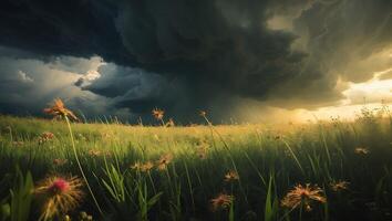 Dramatic Stormy Sky Over Meadow with Flowers and Golden Light photo