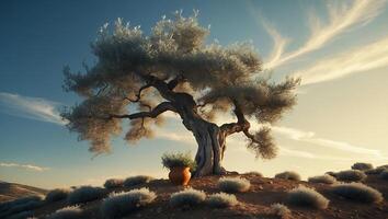 Solitary Tree on Hill with Herb Pot Under Blue Sky photo