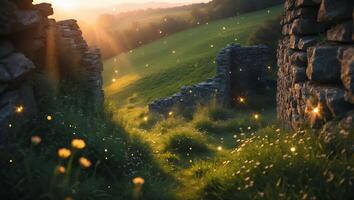Sunlit Green Meadow with Stone Ruins and Magical Glowing Particles photo