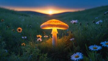 Glowing Mushroom in Grassy Field at Sunset with Wildflowers Blooming photo