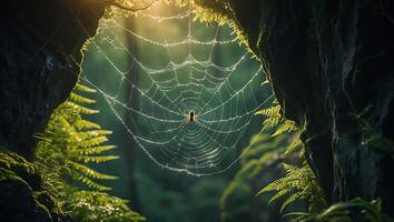 Spider Web Glistening with Dew Hangs in Forest Clearing Beautifully photo