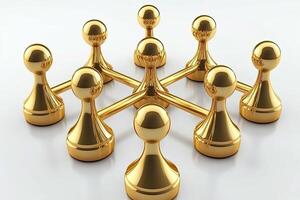 Gold-toned, interconnected figures. A network of golden game pieces photo