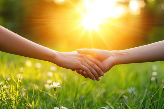 Two hands clasped in a meadow at sunset, symbolizing connection and support photo
