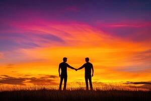 Two men holding hands at sunset photo