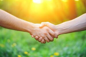 Two hands shake, a symbol of partnership, trust, and agreement in nature photo