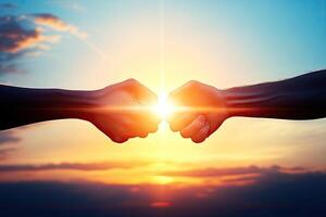 Two people holding hands in front of a sunset photo