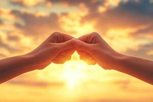 Two hands clasped in a powerful gesture against a dramatic sunset photo