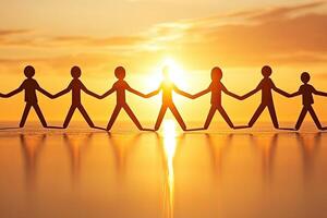 Unity at sunset. Paper figures walk hand-in-hand towards golden light photo