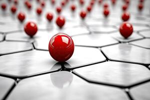 Red sphere on a grid of hexagonal tiles photo
