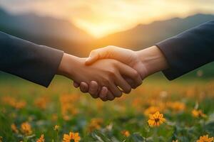 Two people shaking hands in a field at sunset photo