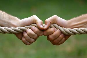 Two hands gripping a rope, pulling in opposite directions photo