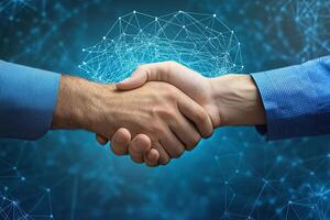 Business people shaking hands over networked background photo