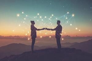 Two figures shaking hands amidst a network of lights against a mountain sunrise photo