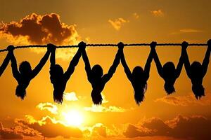 Silhouette group of people holding rope at sunset photo