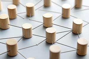 Interconnected wooden cylinders, network concept photo