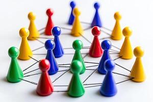 Colorful figures connected by threads forming a network photo