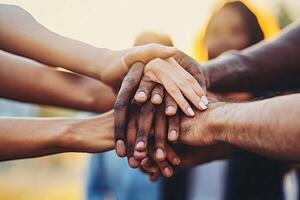 Diverse hands joined in unity photo
