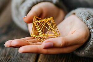 Golden geometric wire cube held in hands photo