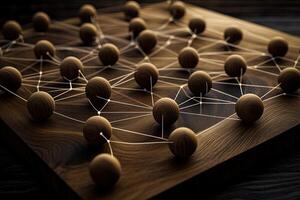 Network of interconnected spheres on a wooden surface photo