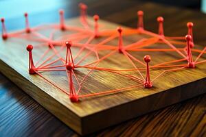 Network of connections on wooden board photo