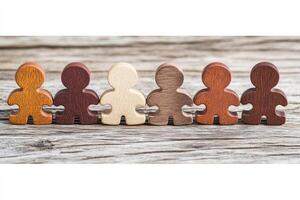 Diverse wooden figurines, united in a row, representing different skin tones photo