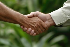 Two hands shake in a close-up of a business agreement or partnership photo