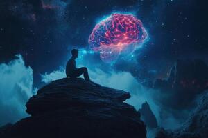 Solitary figure contemplates glowing brain in the night sky photo