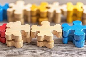 Interlocking puzzle pieces in various colors photo