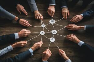 Team collaboration, interconnected. Hands of diverse people connected by strings, creating a network photo