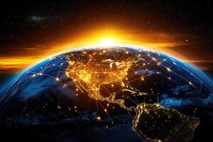 Global network encompassing North America at sunrise photo