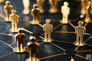 Gold figures interconnected by a network on a dark surface photo