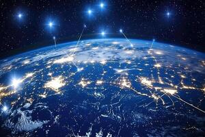 Global interconnectedness. Vast network connecting illuminated cities across Earth's surface photo