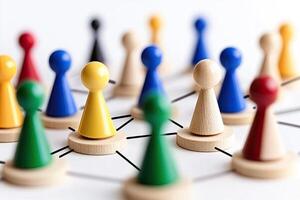 Colorful game pieces connected by threads, showcasing a network photo