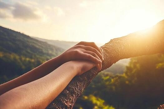 Two hands clasped on a tree branch, reaching for the sunset photo