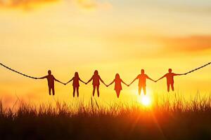 Silhouette of a group of people holding hands, floating in the air above tall grass at sunset photo