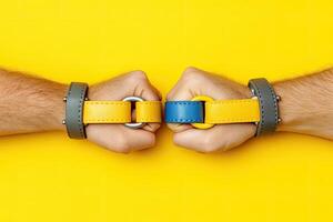 Two hands clasped, colorful wristbands photo