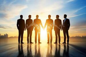 Business team stands united at sunrise photo